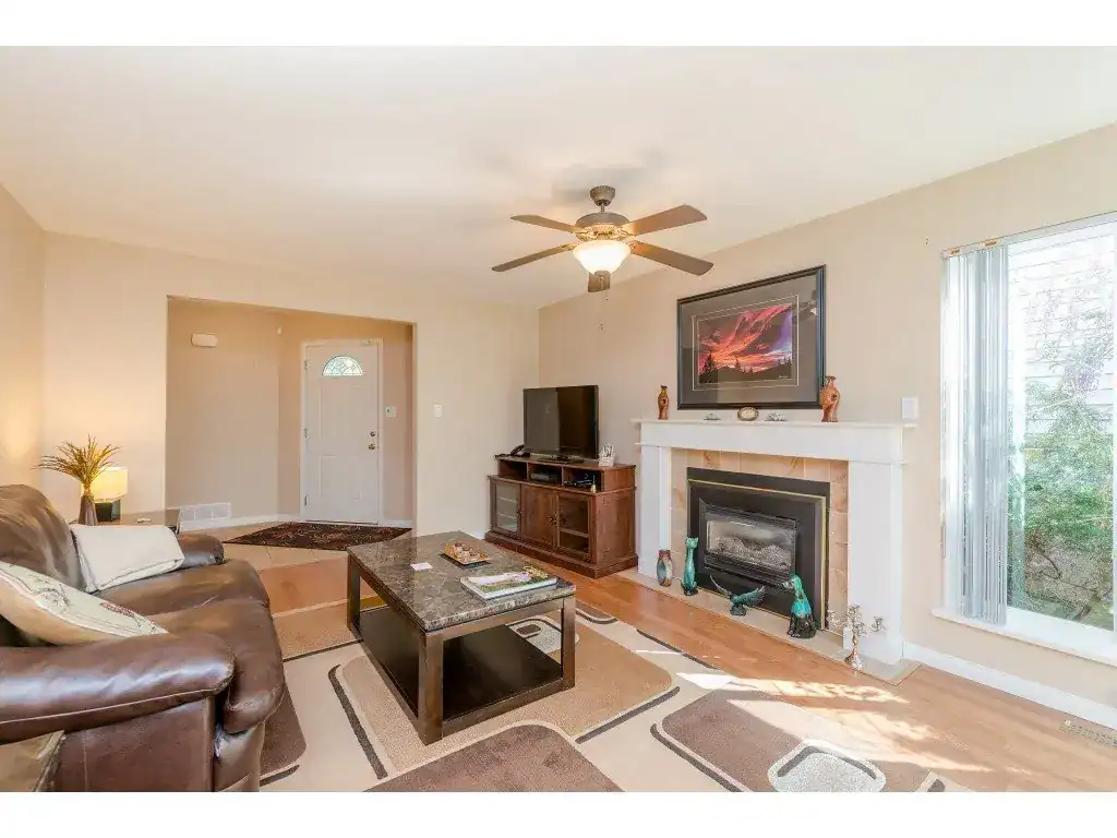 Bright living room with fireplace, large window, comfortable leather sofa, and modern decor, showcasing Vancouver Island homes for sale by Orca Realty Inc.