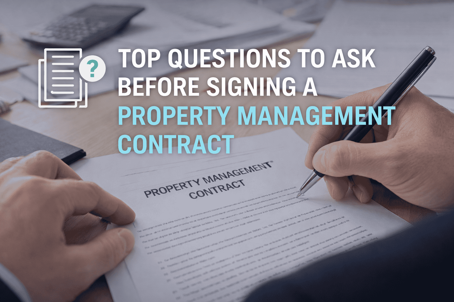 1. Person signing property management contract with documents and pen on desk, real estate legal agreement, home rental, property management, real estate contracts, property leasing.