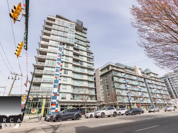 Modern multi-storey residential buildings in downtown Vancouver with retail spaces on the ground floor, stylish glass balconies, and vibrant exterior design, ideal for real estate investment and urban living.