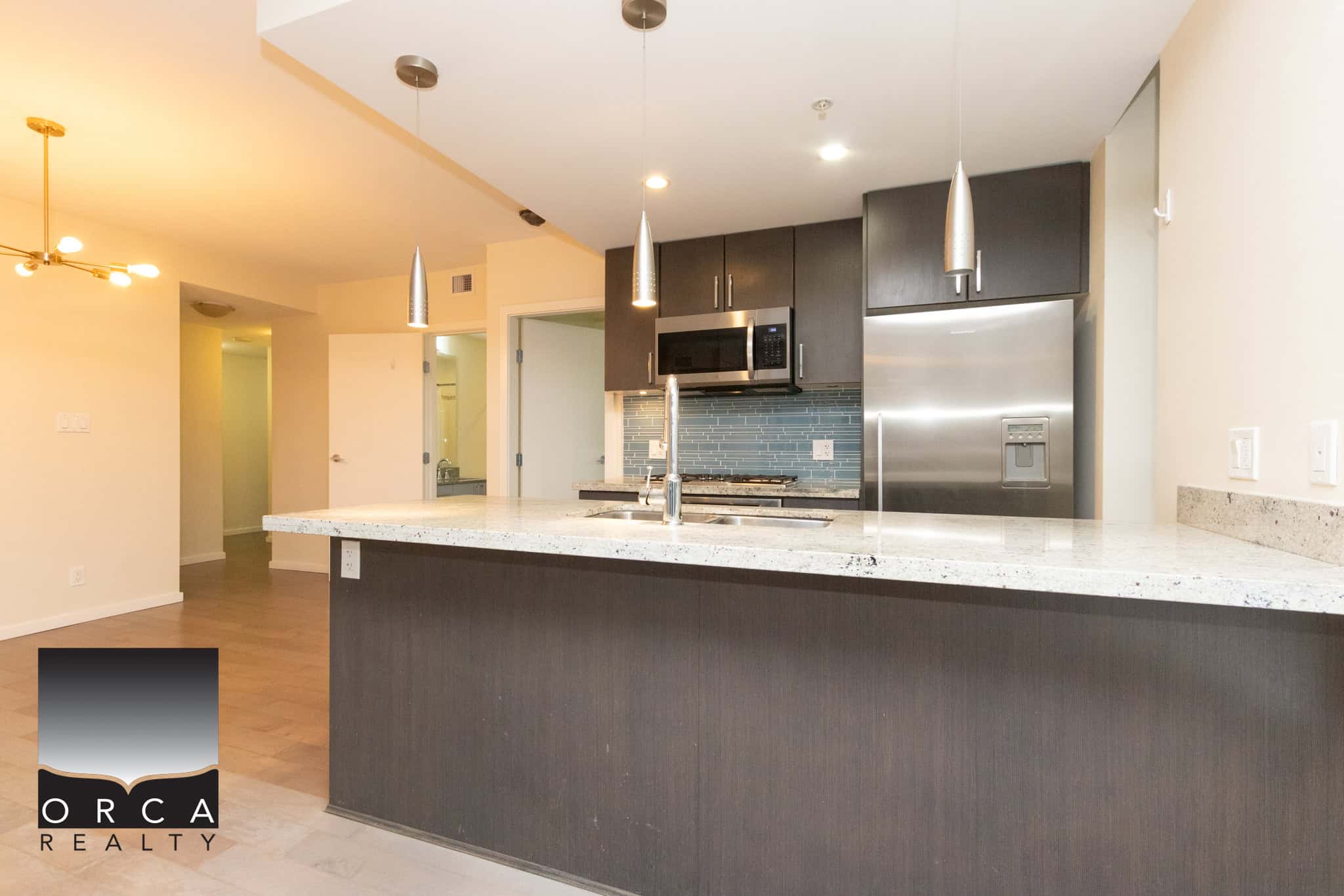 17 (5) Contemporary kitchen in a modern condo with dark cabinetry, stainless steel appliances, and a spacious granite countertop island – ideal for Vancouver Island real estate.