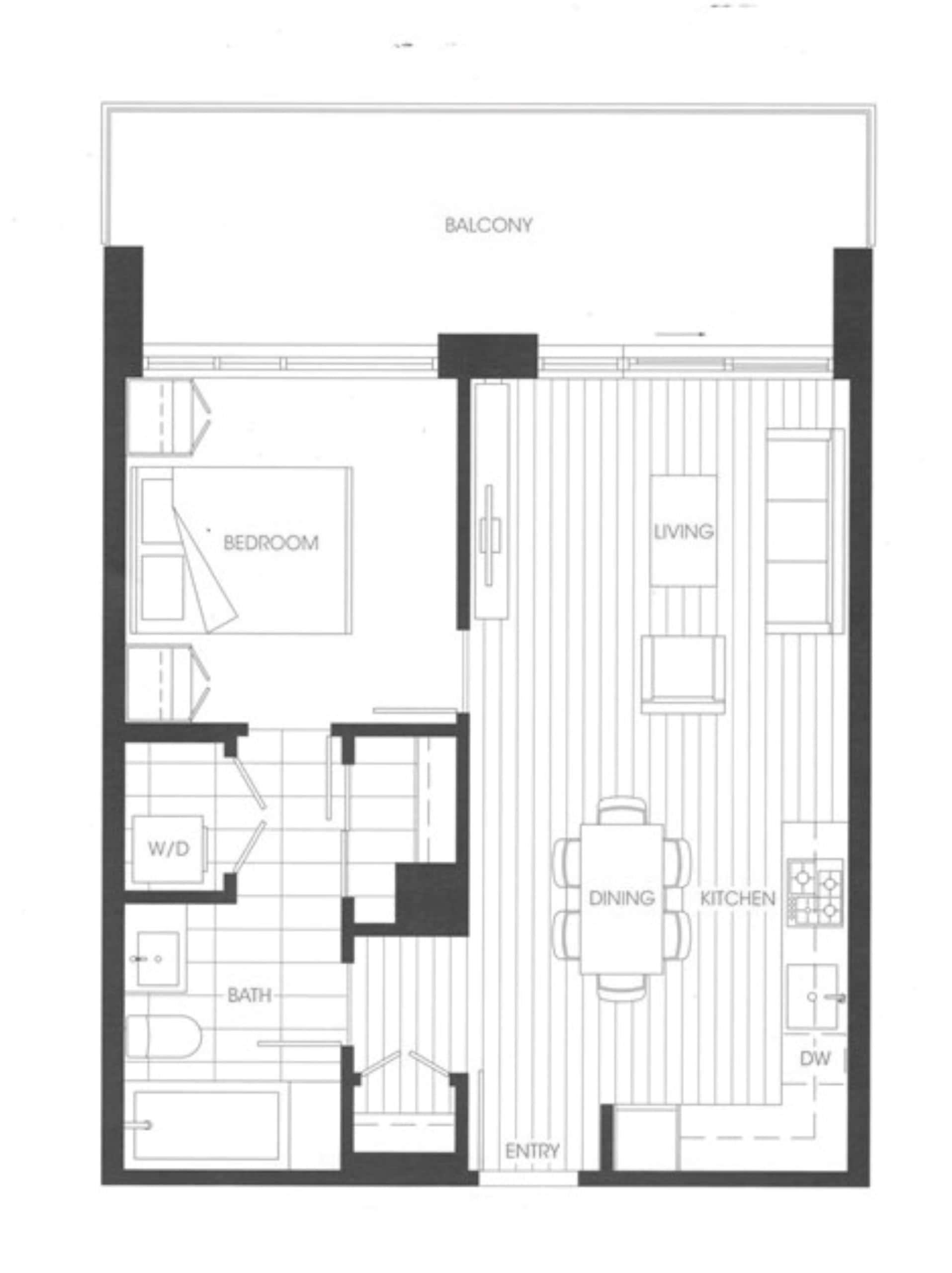 Modern one-bedroom apartment floor plan with balcony, open-concept kitchen, living area, and convenient washer/dryer, ideal for Vancouver real estate buyers.