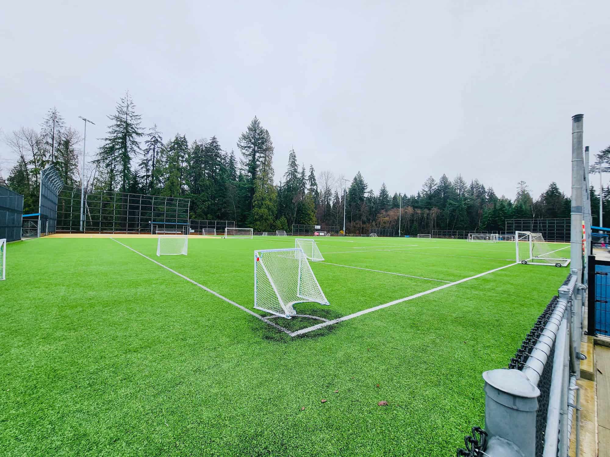 Bright green artificial turf on a soccer field surrounded by tall trees, perfect for sports and recreational activities, managed by Orca Realty Inc.