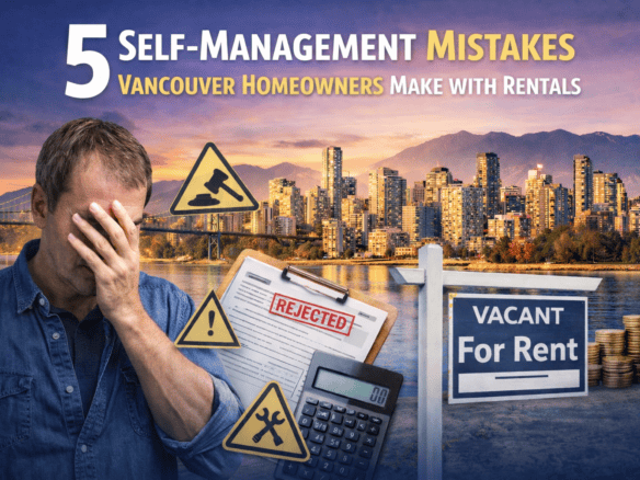 1. Vancouver homeowner facing self-management mistakes with rental properties, showing rejected applications, warning signs, and property vacancy issues in Vancouver skyline background.