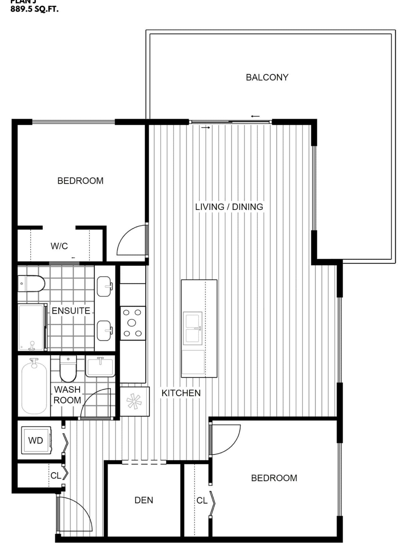 Modern condo floor plan with 2 bedrooms, 2 bathrooms, open kitchen, spacious living/dining area, balcony, and in-unit laundry, perfect for Vancouver real estate buyers.