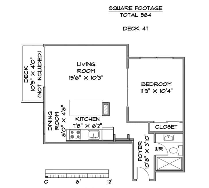 Bright one-bedroom apartment floor plan with open-concept living room, modern kitchen, and spacious closet, ideal for comfortable urban living in Vancouver.