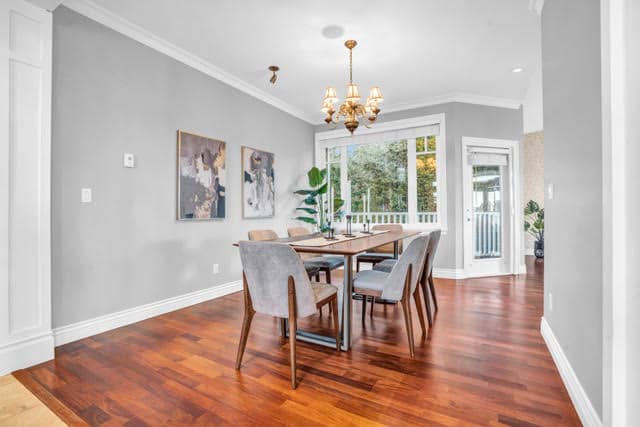 Bright and spacious dining area with hardwood floors and large windows in West Vancouver property.
