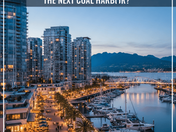 Harbourside waterfront development with high-rise buildings and marina views in Vancouver, BC, offering prime rental and investment opportunities.