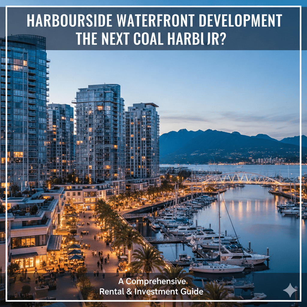 Harbourside waterfront development with high-rise buildings and marina views in Vancouver, BC, offering prime rental and investment opportunities.