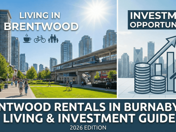 Modern Brentwood area in Burnaby BC with high-rise buildings, green spaces, and urban amenities, ideal for living and investment opportunities.