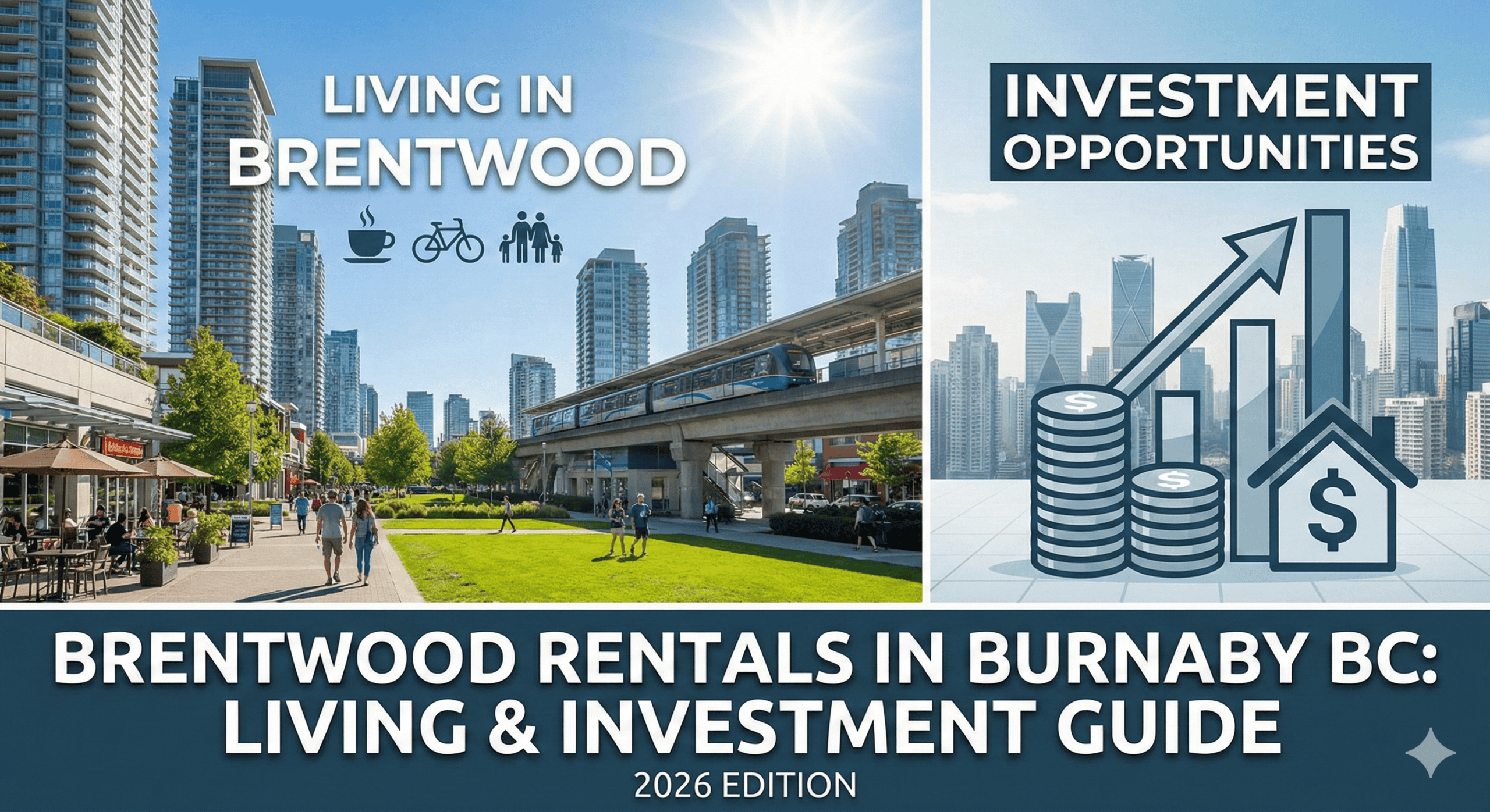 Modern Brentwood area in Burnaby BC with high-rise buildings, green spaces, and urban amenities, ideal for living and investment opportunities.