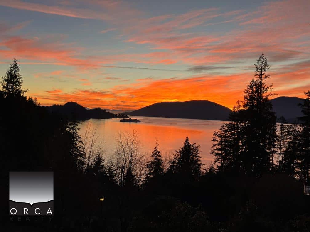 Beautiful sunset at Ansell Place showcasing calm waters and lush trees, perfect for serene lakeside living in the Orca Realty area.