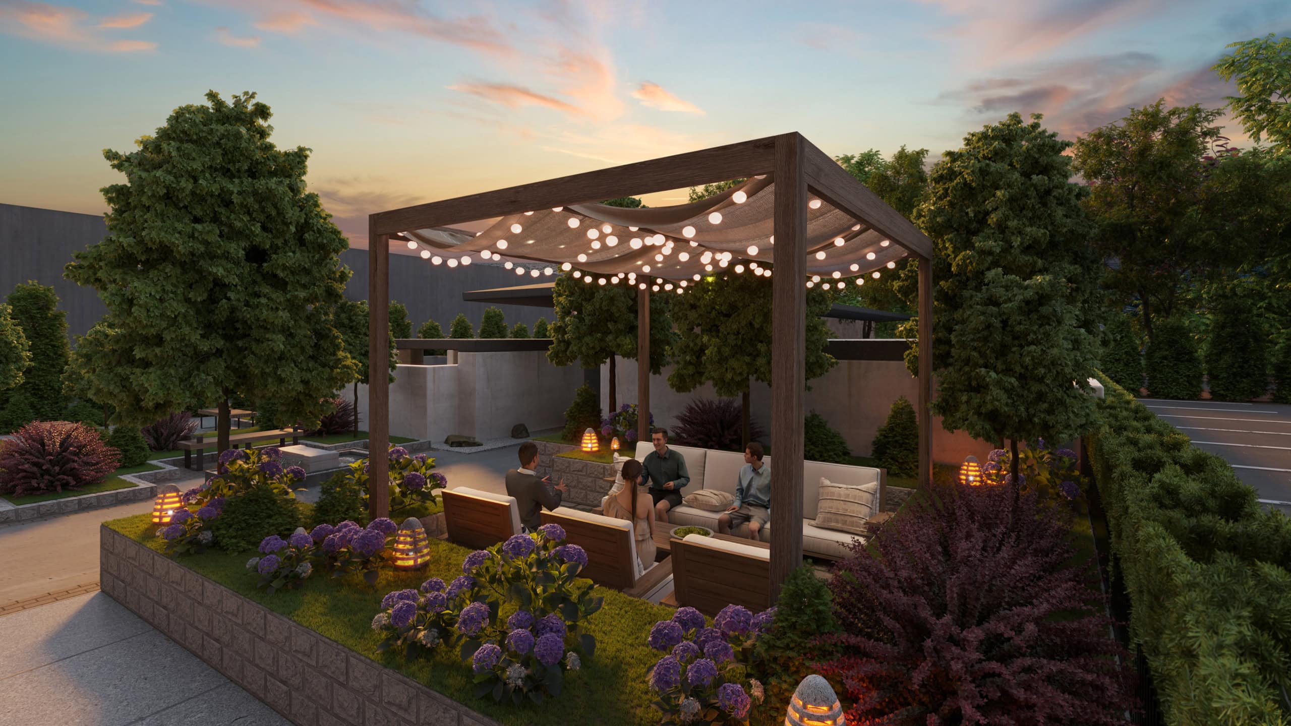 Elegant outdoor living space featuring a cozy seating area, decorative lighting, and vibrant garden plants in West Vancouver.