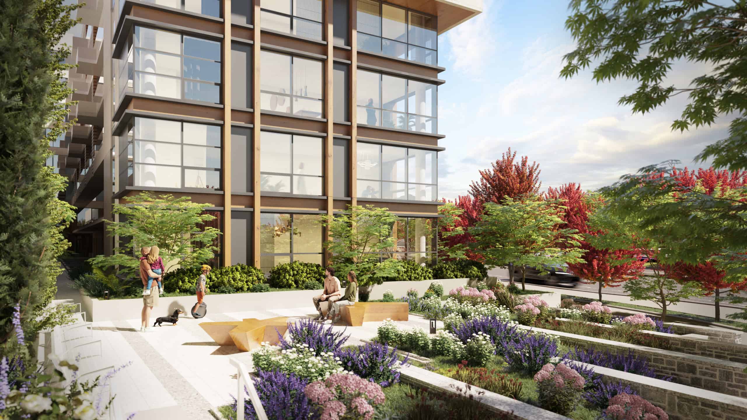 An exterior view of a modern luxury condo building in West Vancouver, featuring large glass windows, landscaped gardens, and outdoor seating areas, showcasing upscale urban living.