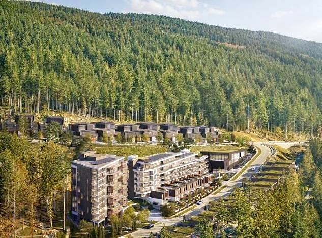 Spacious modern apartments in Uplands Way, West Vancouver, surrounded by lush forested hills.