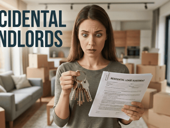 Woman looking surprised while holding keys and a lease agreement in a new home, illustrating the concept of accidental landlords and navigating unexpected property ownership.