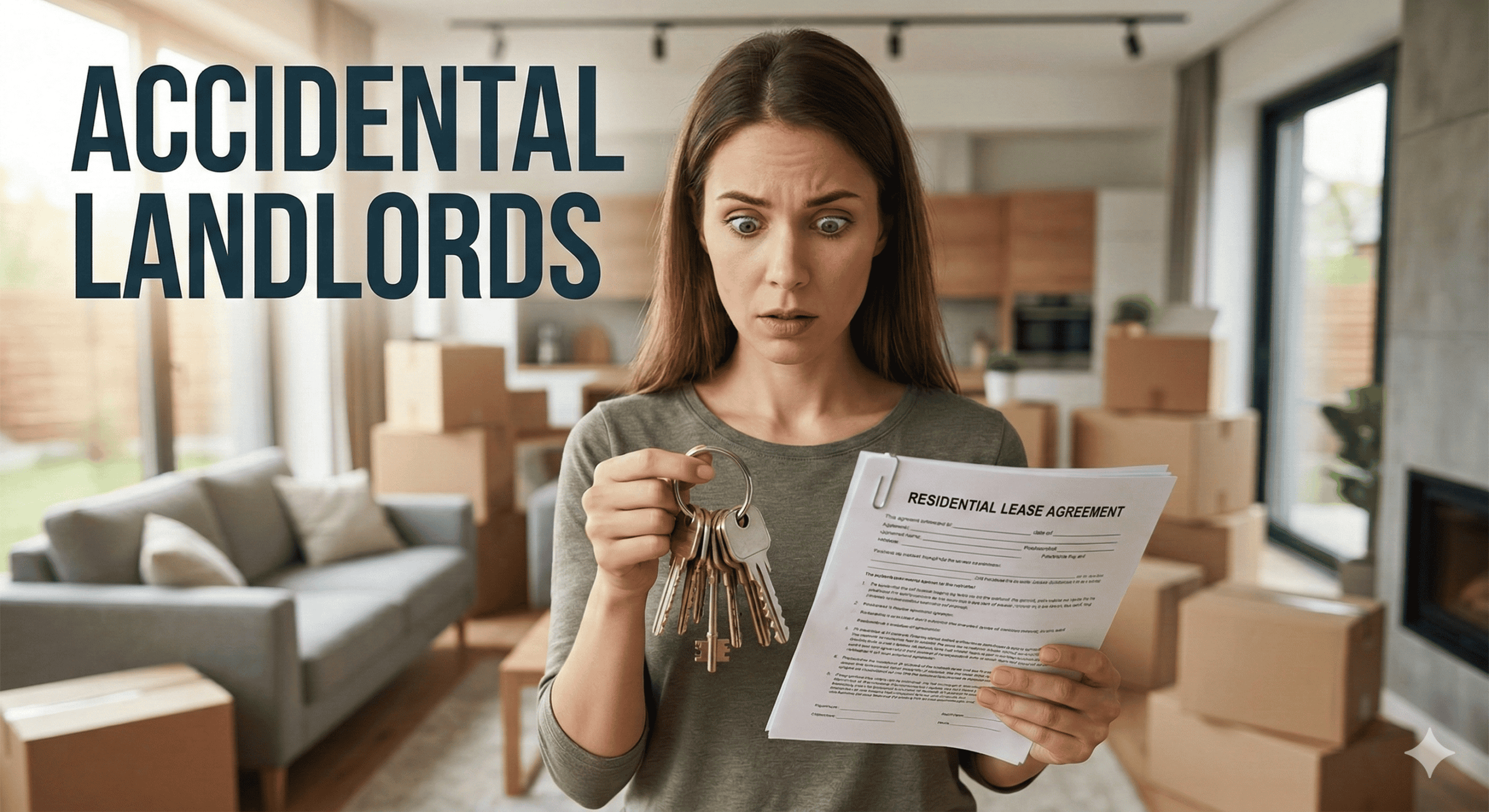 Woman looking surprised while holding keys and a lease agreement in a new home, illustrating the concept of accidental landlords and navigating unexpected property ownership.