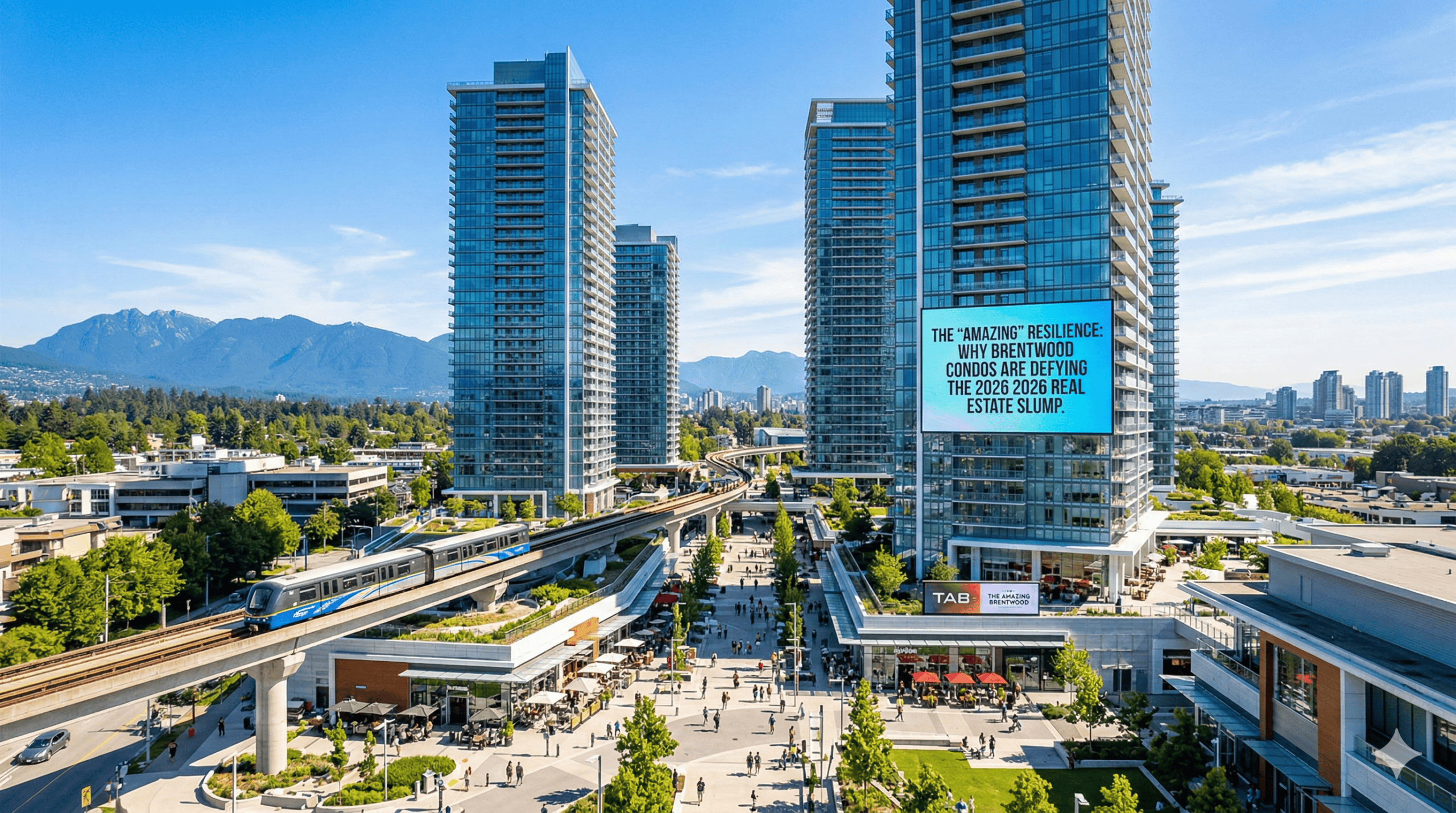 Bright and clear view of Brentwood condos with surrounding cityscape and mountains in the background.