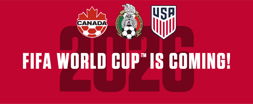 Official FIFA World Cup 2022 announcement featuring Canada, Mexico, and USA logos, highlighting the upcoming tournament.
