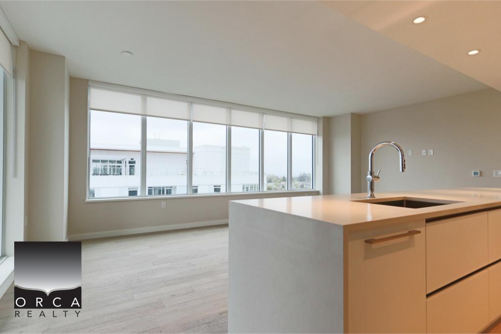 Spacious kitchen featuring large windows that provide abundant natural light, modern cabinetry, and a sleek countertop, ideal for contemporary living and entertaining.