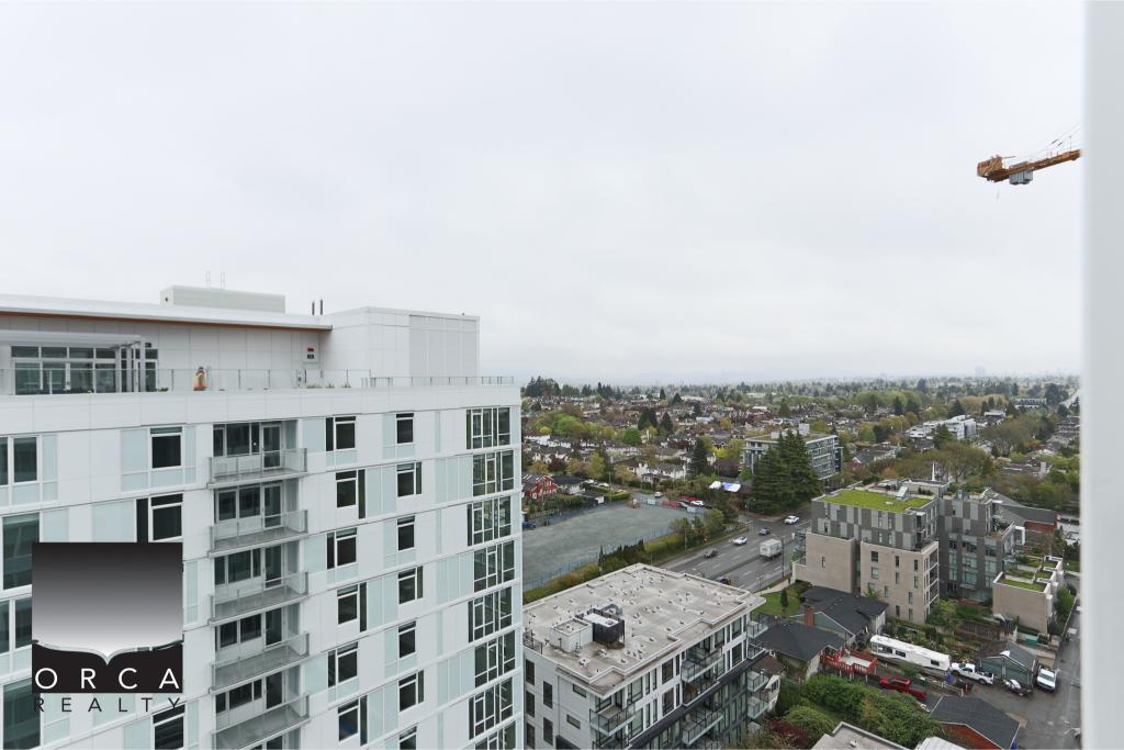 Contemporary high-rise apartment building in Vancouver with city views and urban surroundings, showcasing modern architecture and residential living options.