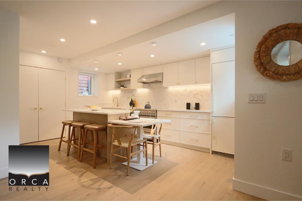 Bright modern kitchen featuring white cabinets, a central island with bar stools, and sleek appliances, ideal for contemporary home living in Victoria, BC.