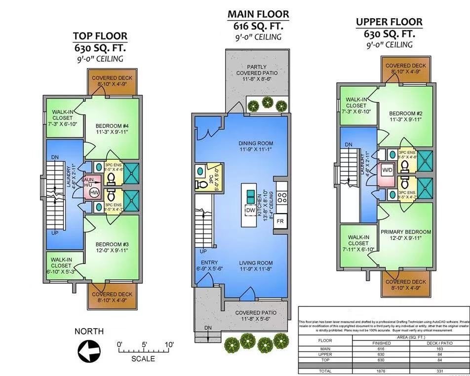 Detailed floor plan of a Nanaimo home showing top, main, and upper floors with room dimensions and features.